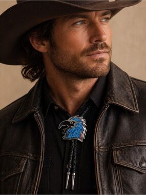 Vintage Southwestern Eagle Bolo Tie Turquoise Chip Inlay W/Western Leather Cord